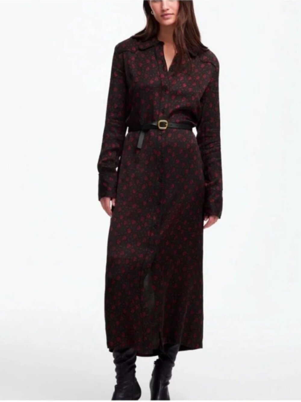 🌹 Madewell Button-Front Floral Midi Shirtdress Black Red Size 16